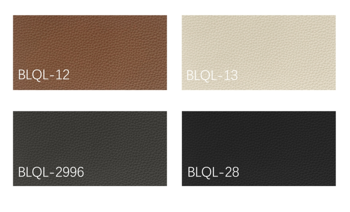 Color swatch chart showing BLQL-12, BLQL-13, BLQL-2996, and BLQL-28 leather options