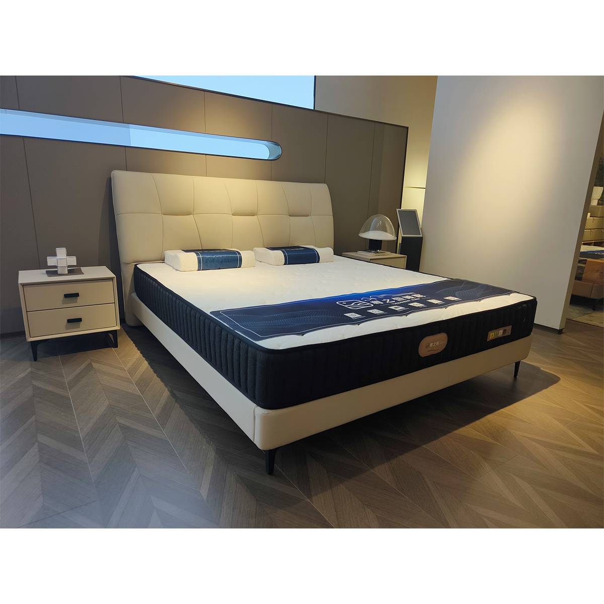 Side view of the B04 leather soft bed showing the mattress and bed frame details