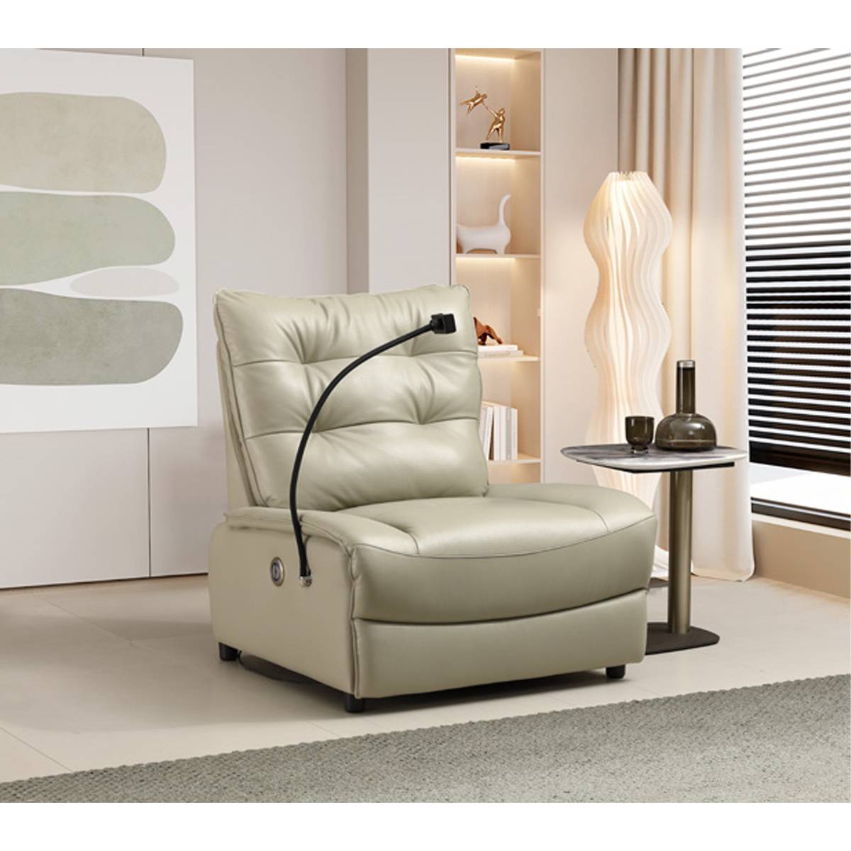 Side view of the beige leather electric recliner in an upright position