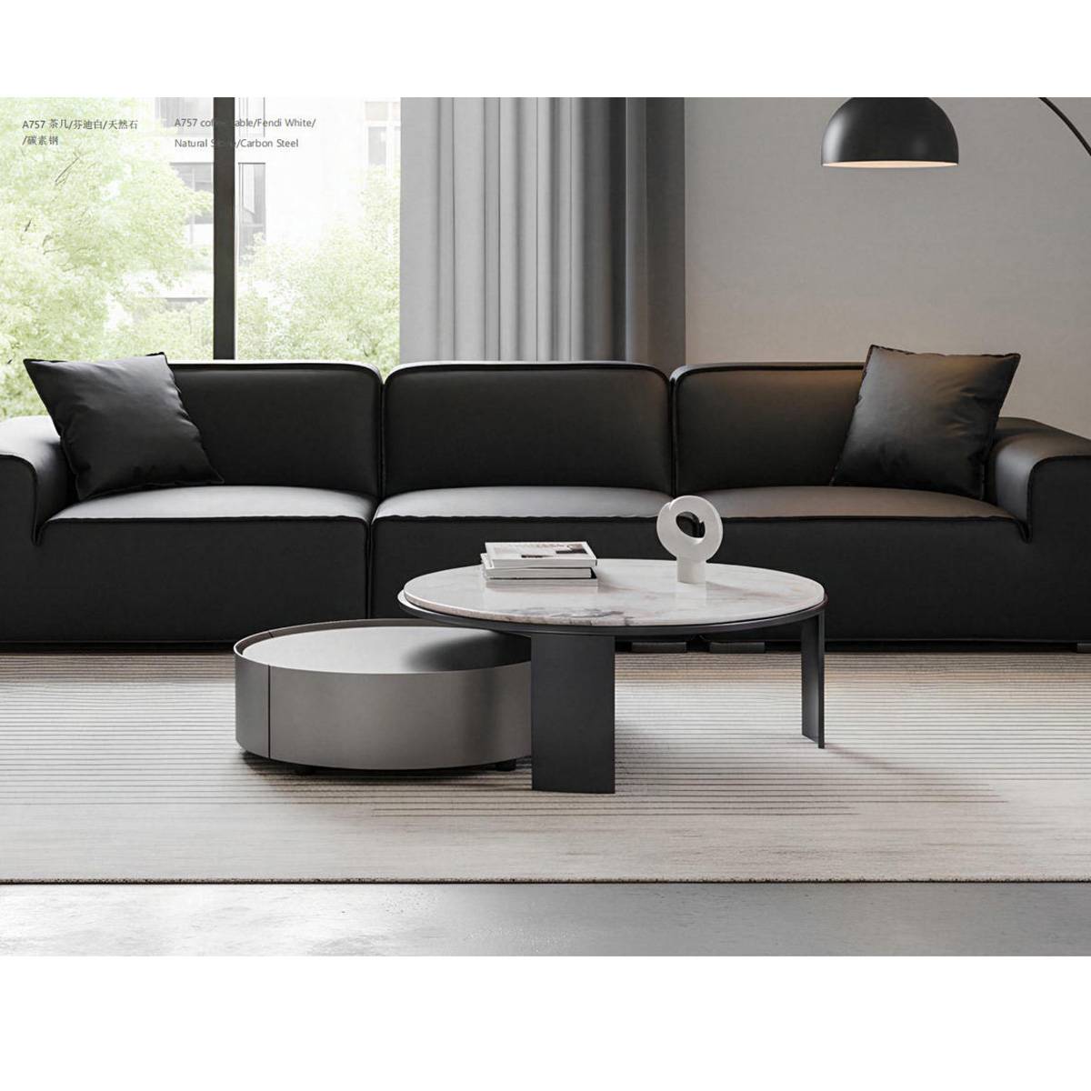 Top-down view of the round natural marble coffee table with a blue vase and flowers.
