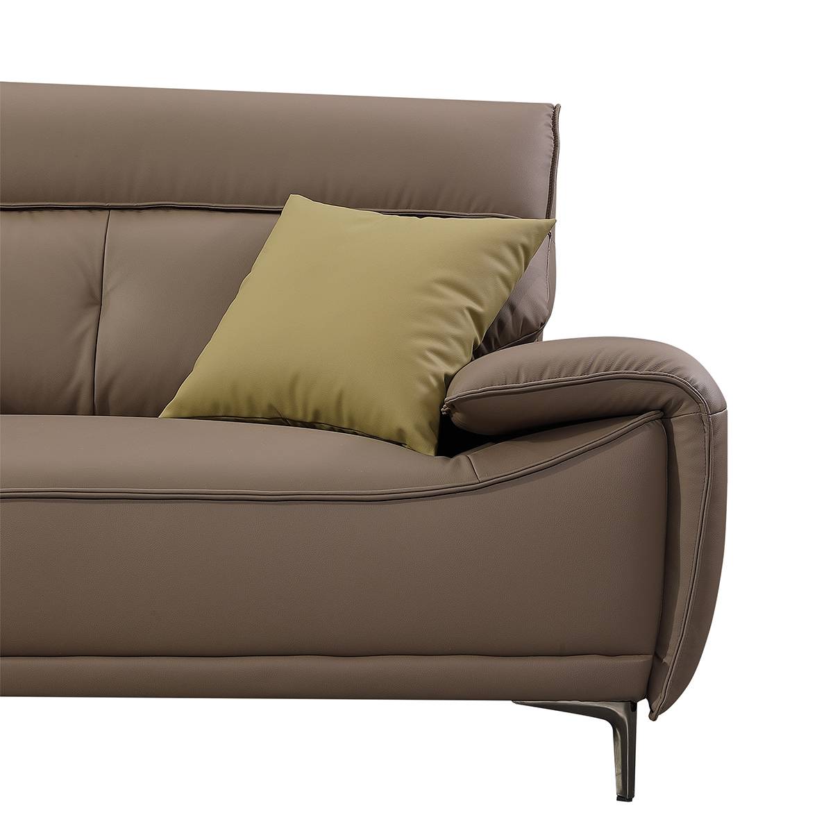 Side profile view of the sofa armrest and metal leg