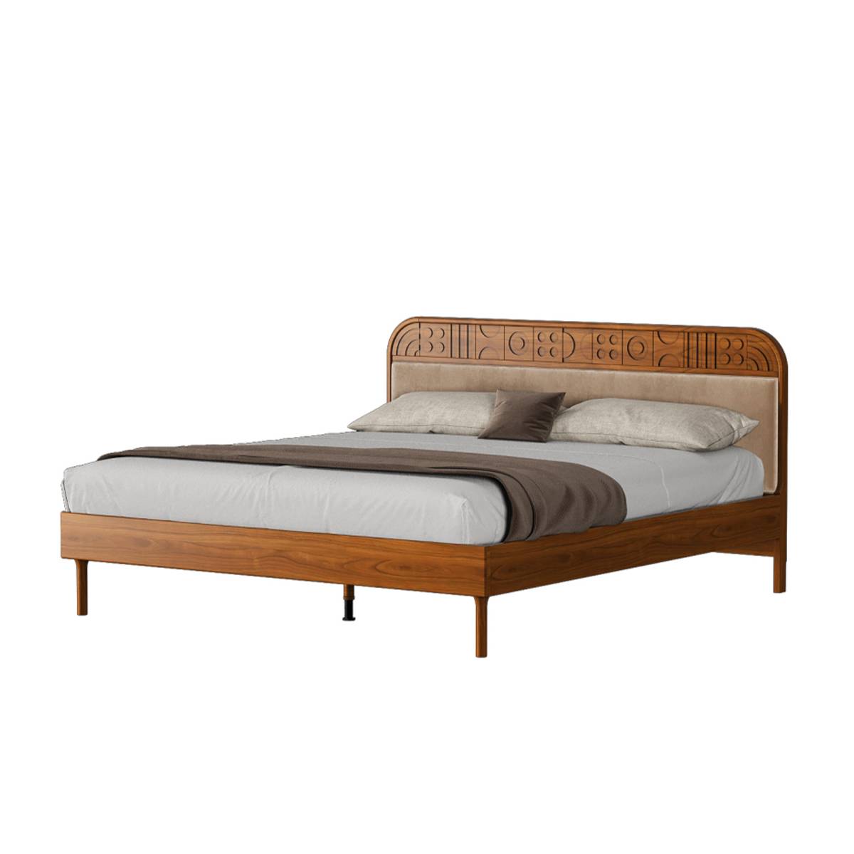 Side angle view of the bed showing the wooden frame and tapered legs