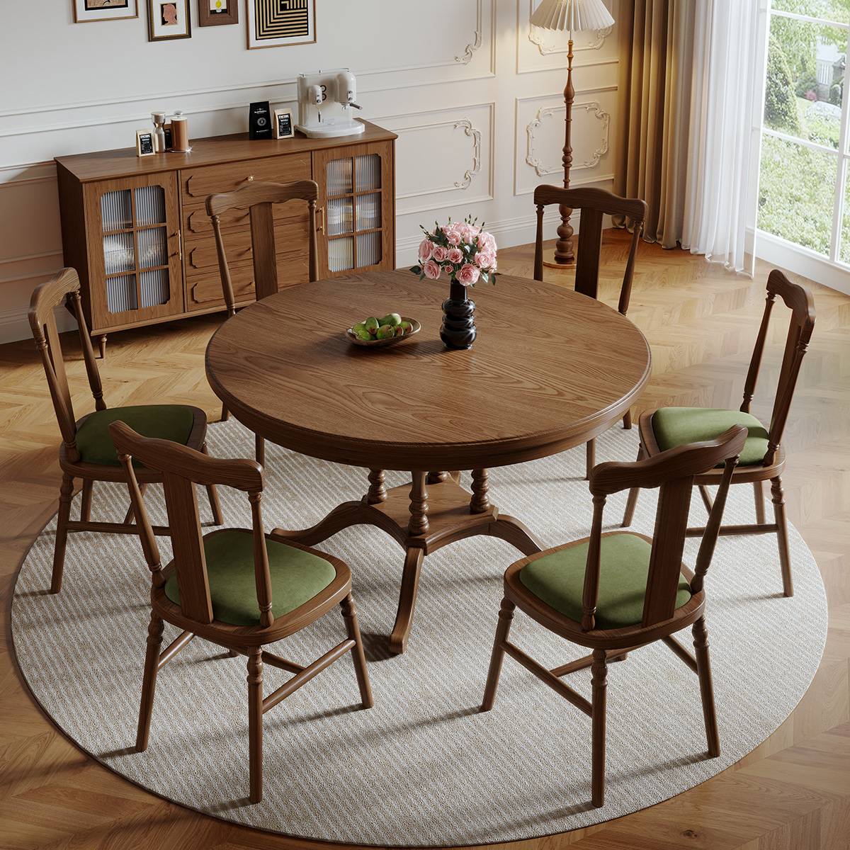 Vintage wood finish round dining table with matching wooden chairs