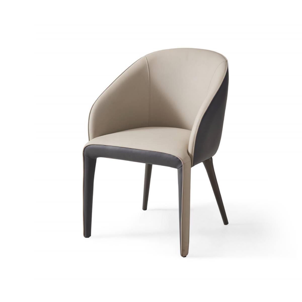 Side view of a modern dining chair with light grey back and dark grey seat