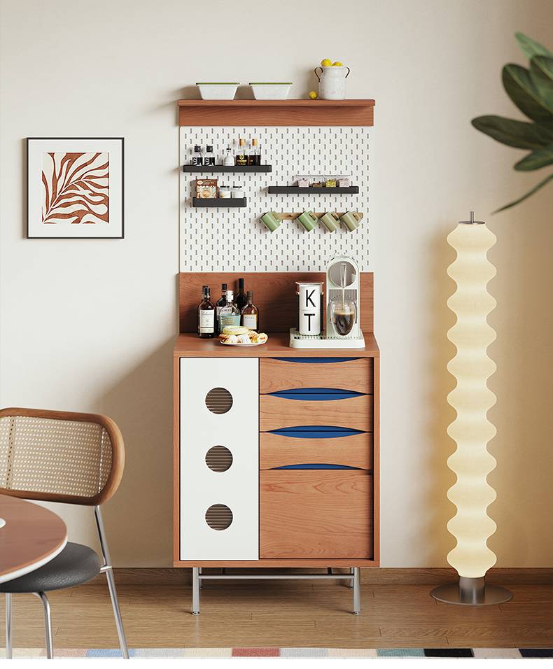 Sideboard with open shelving and coffee station setup