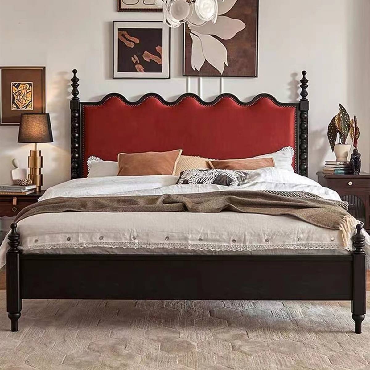 Front view of mid-century bed with red velvet headboard