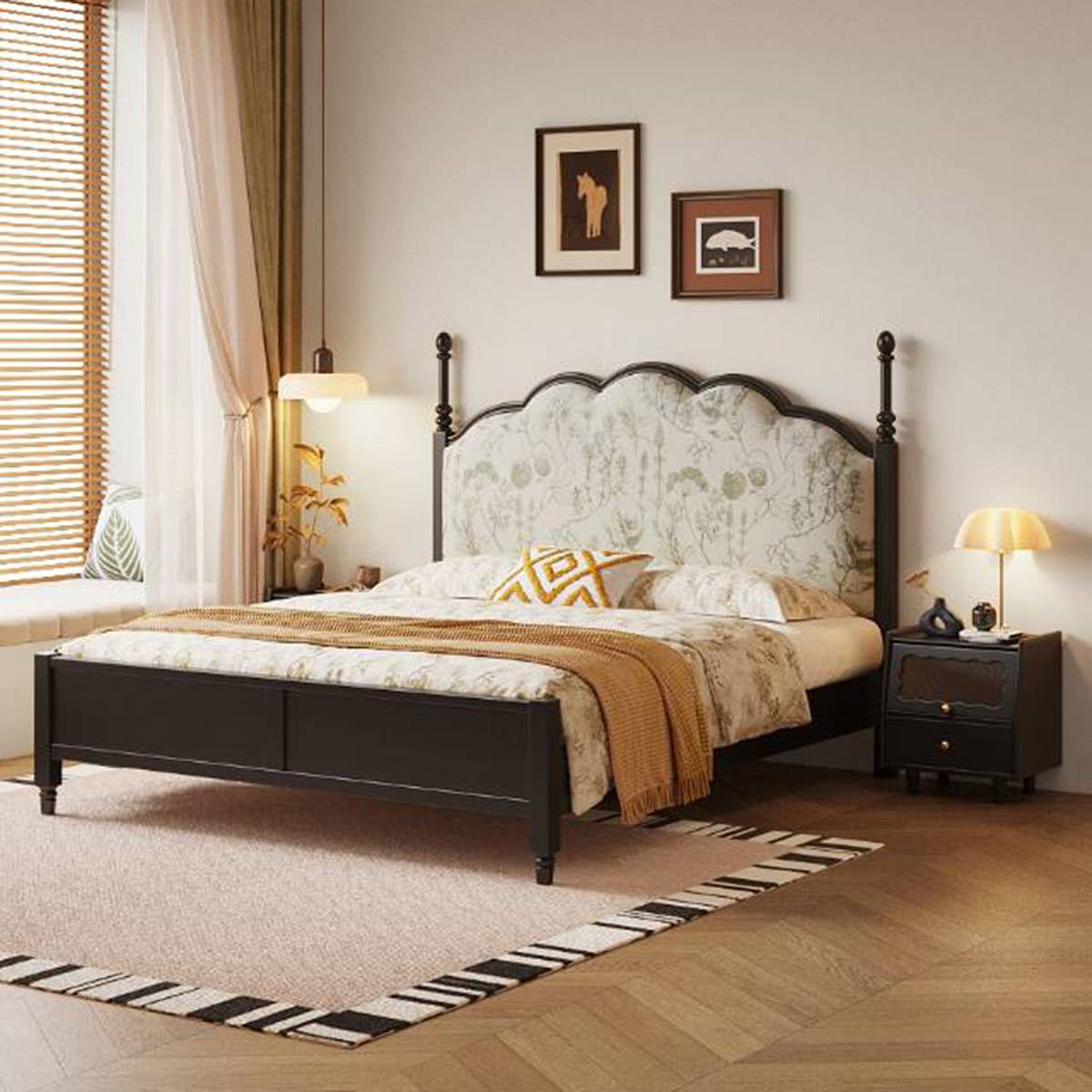 Bedroom setup showing the bed and bedside table