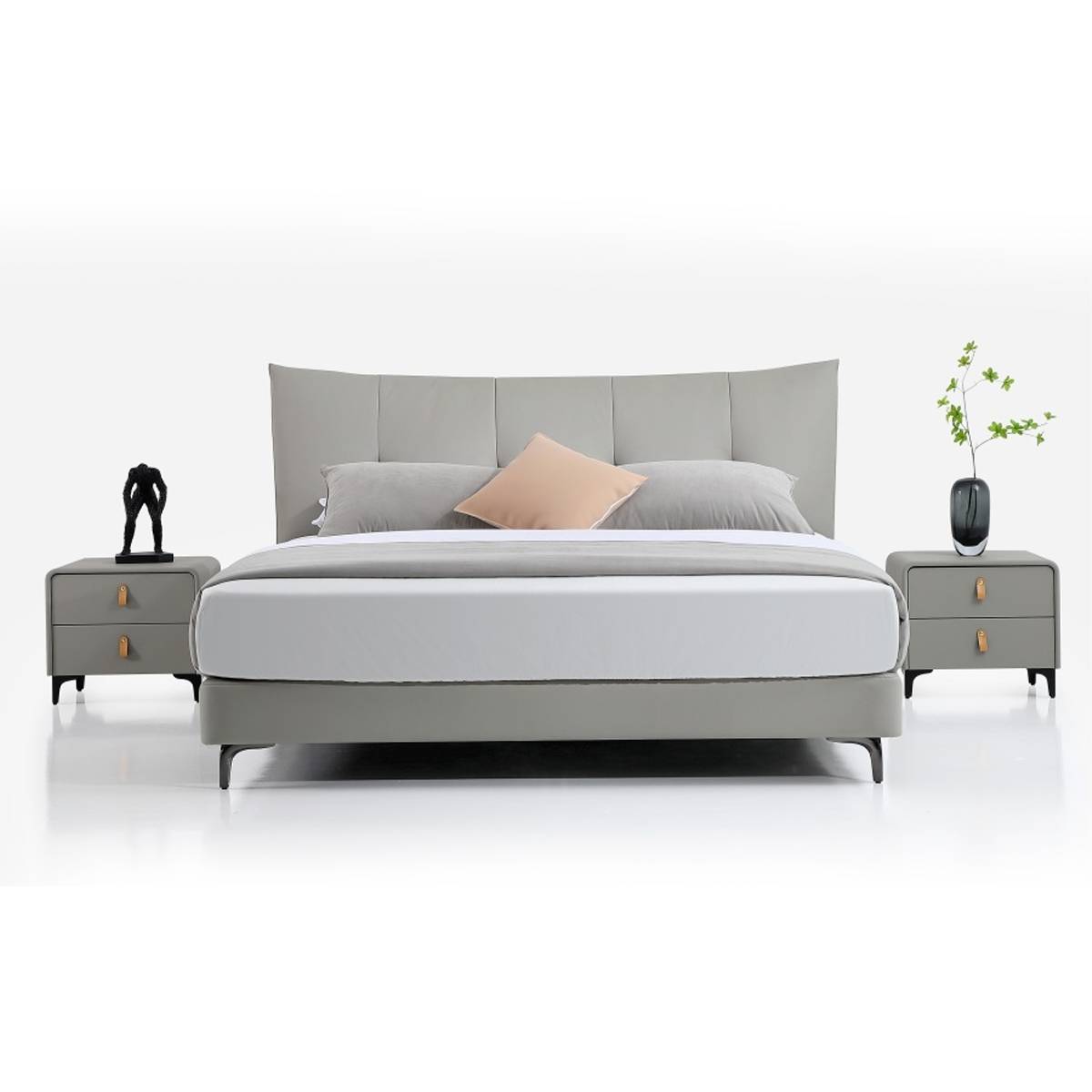 Front view of the grey soft bed showing the full width and headboard design.