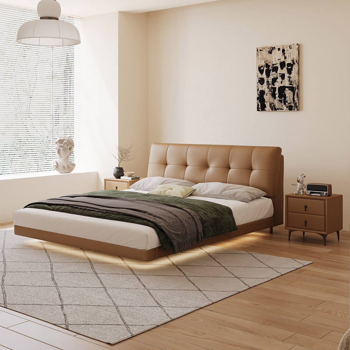 Brown eco-leather floating bed with bedding and LED lighting