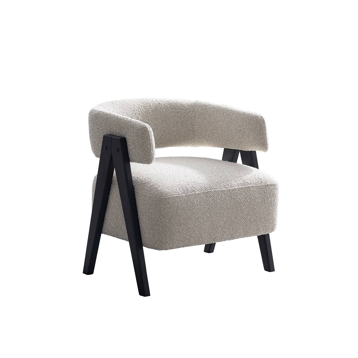 Three-quarter view of the beige fabric lounge chair against a white background