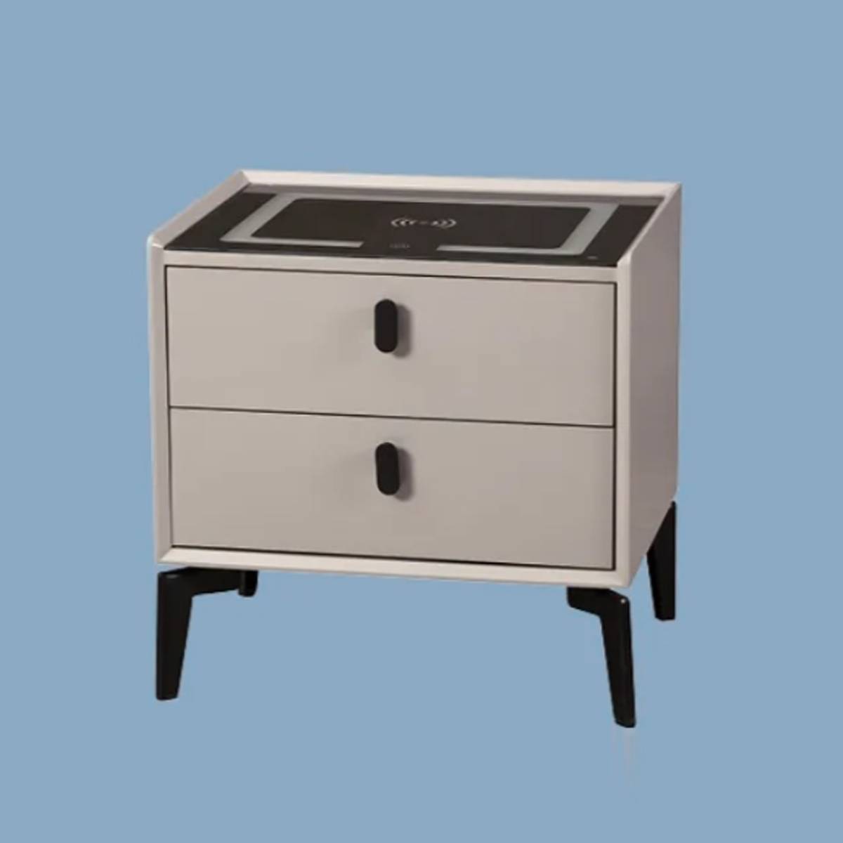 Angled view of the grey bedside table showing the wireless charging top and black legs