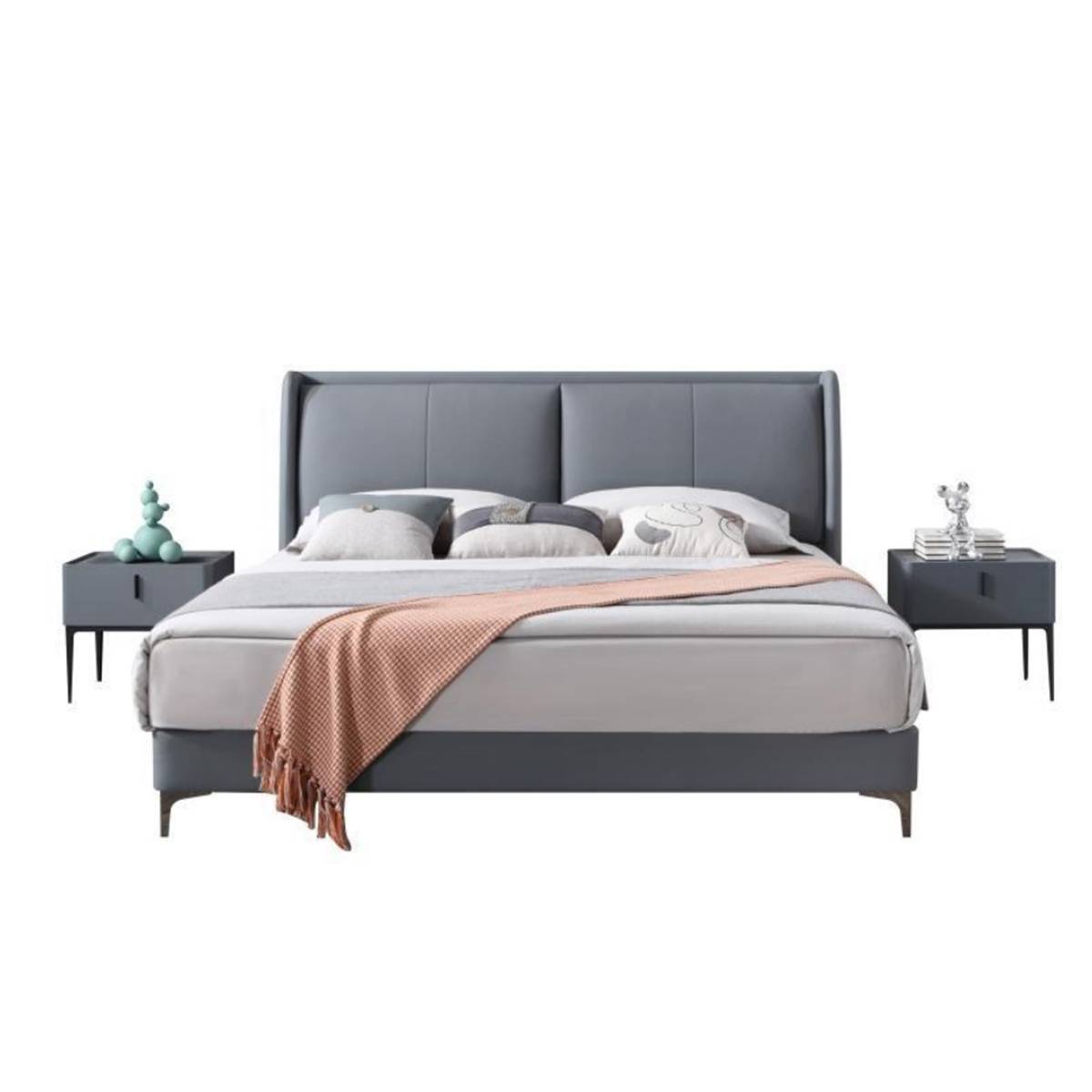 Front view of a grey upholstered bed with a padded headboard and matching bedside tables