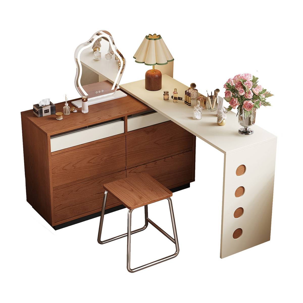 Bauhaus vanity table with sliding desk extension, mirror, and stool