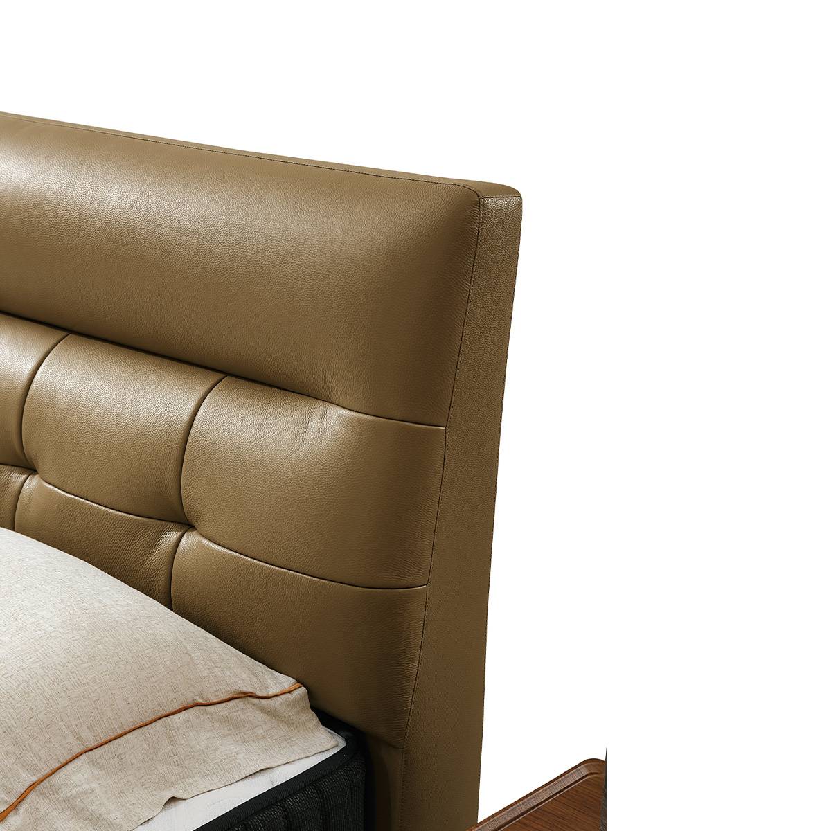 Close-up of the brown genuine leather tufted headboard of the B04 soft bed