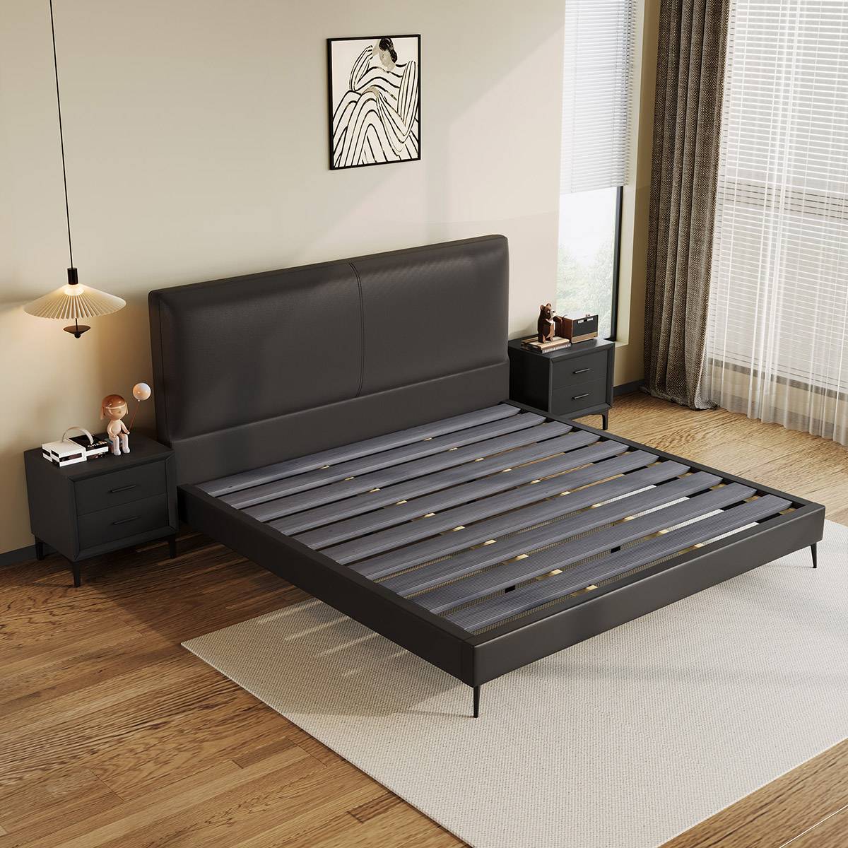 View of the bed frame without mattress showing the steel-wood slat base