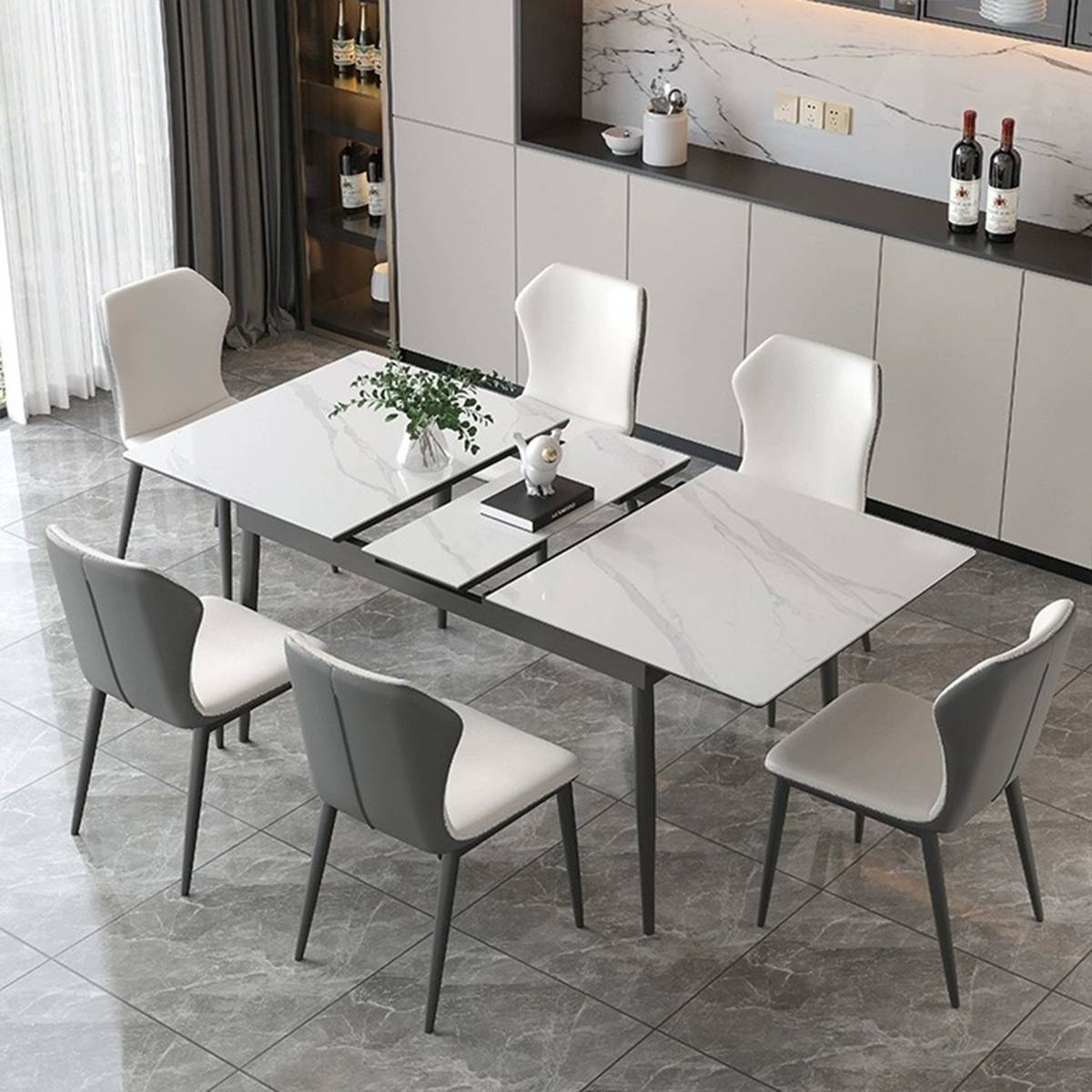 Dining table fully extended showing the sliding mechanism