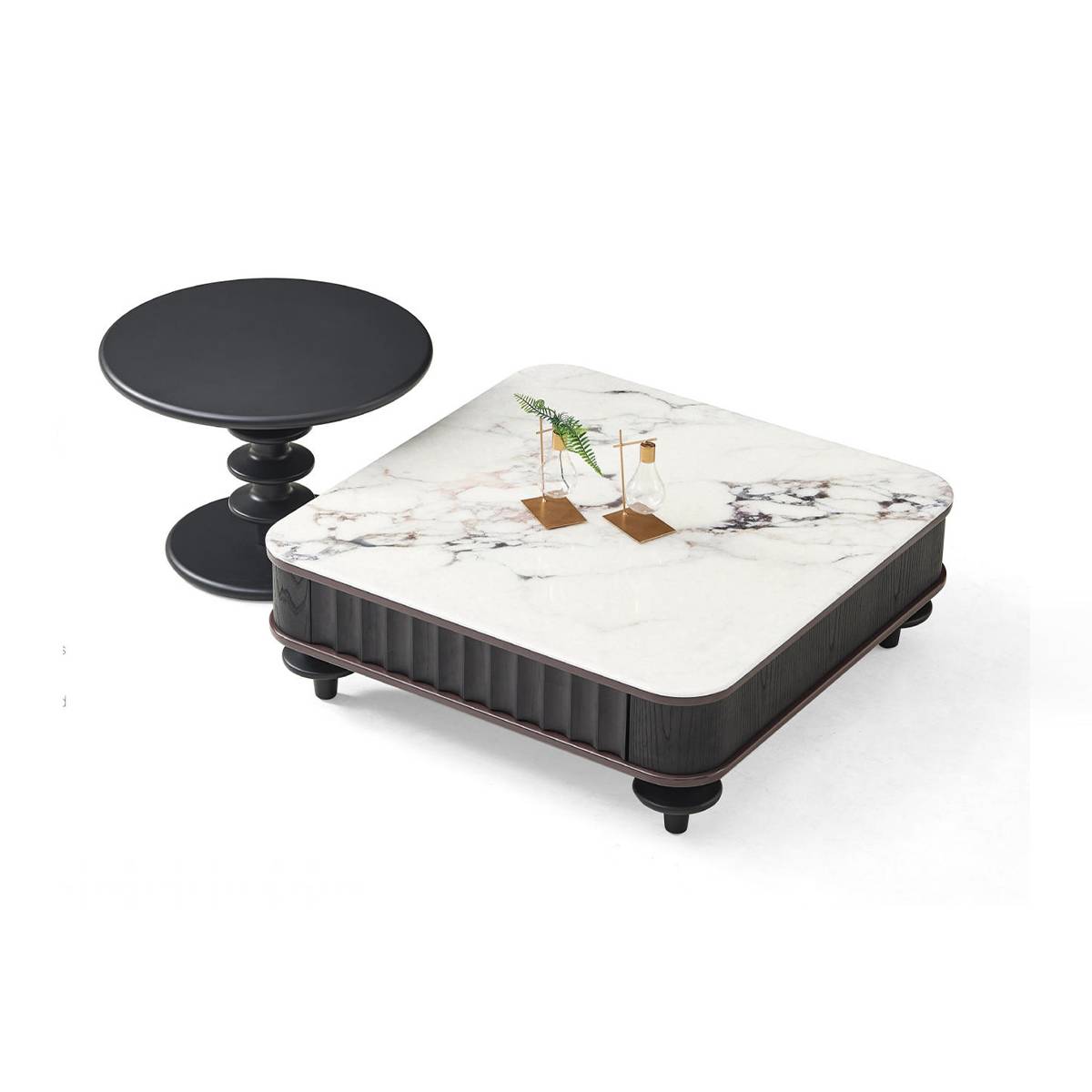 High angle view of the coffee table set showing the marble top pattern