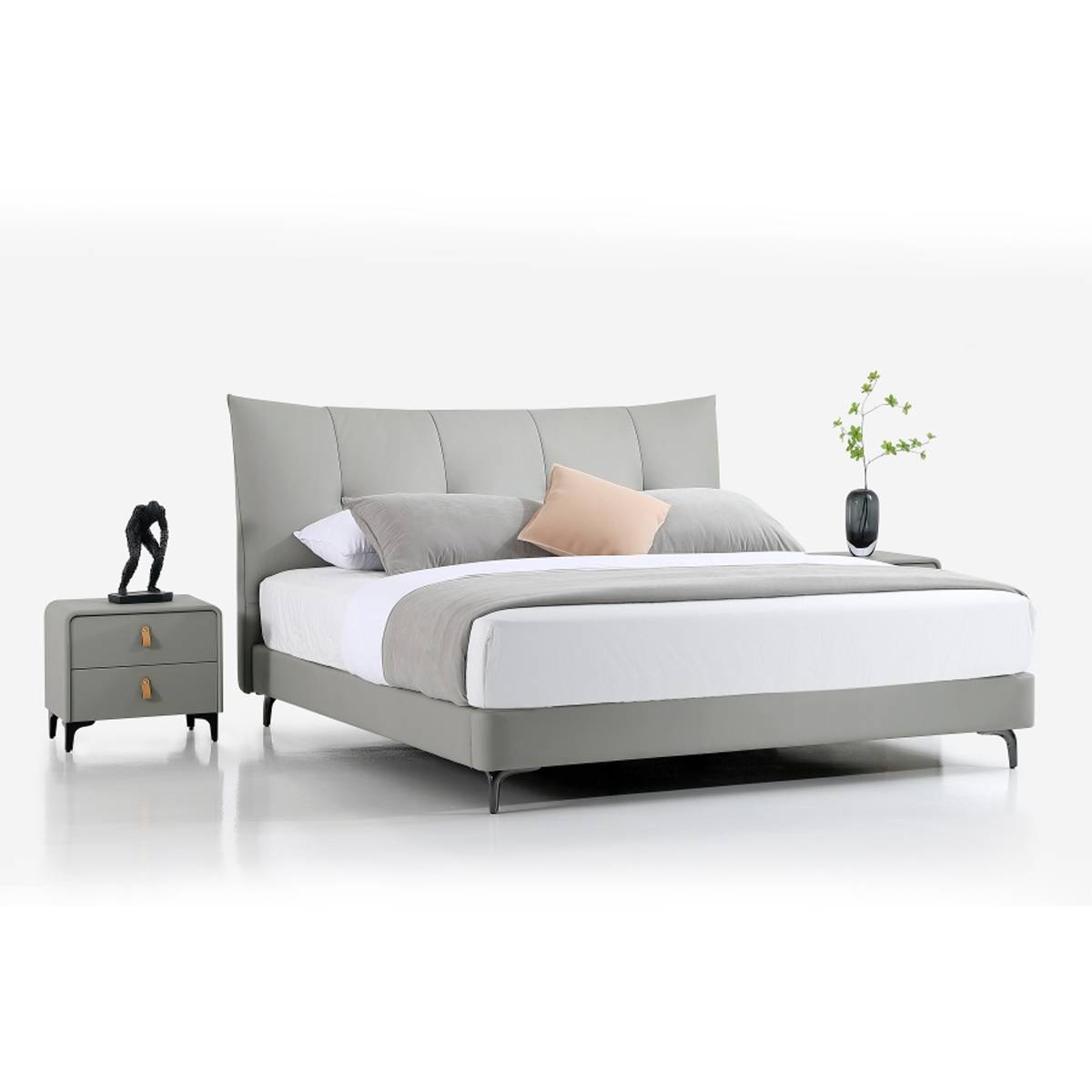 Side angle view of the bed highlighting the low profile and metal legs.