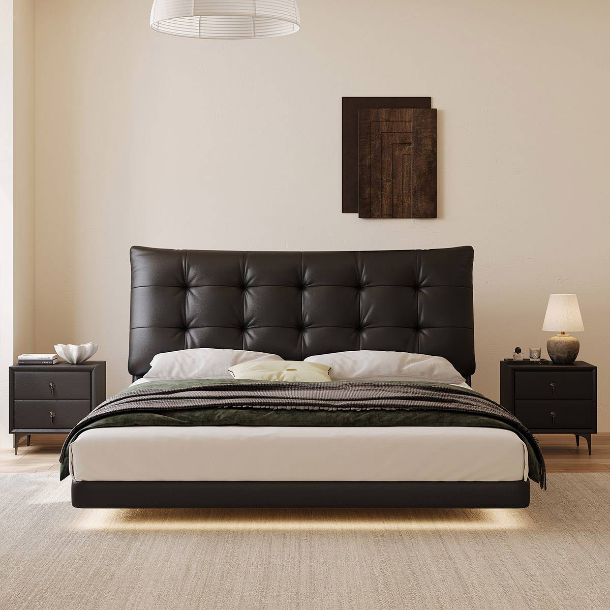 Front view of black eco-leather floating bed with tufted headboard