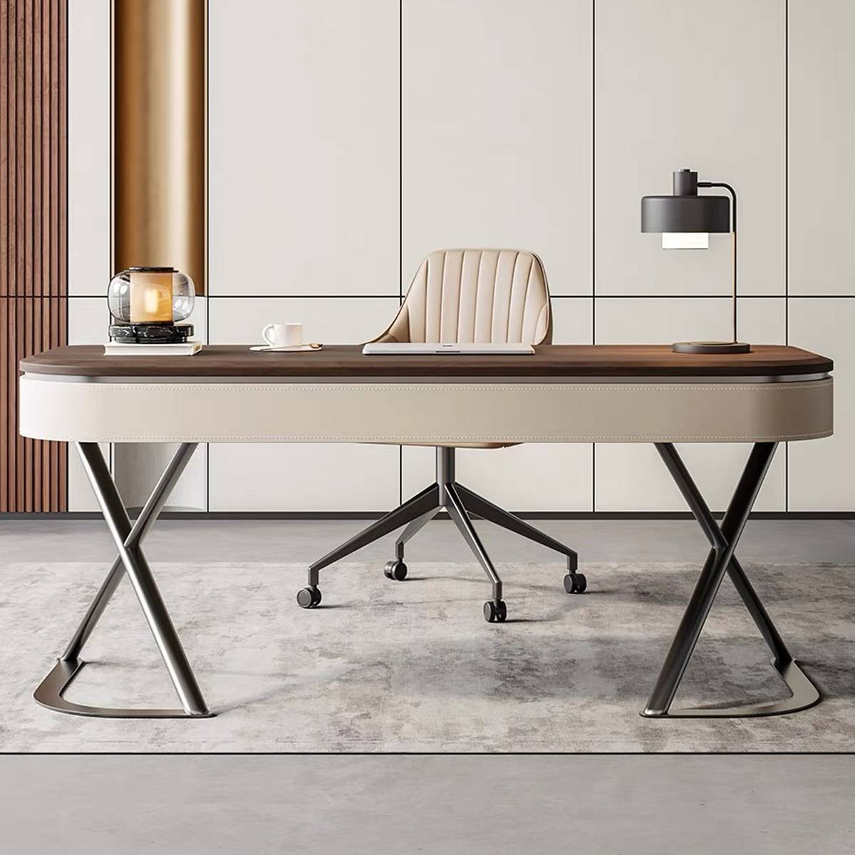 Front view of the desk showing the X-shaped carbon steel legs and leather detailing