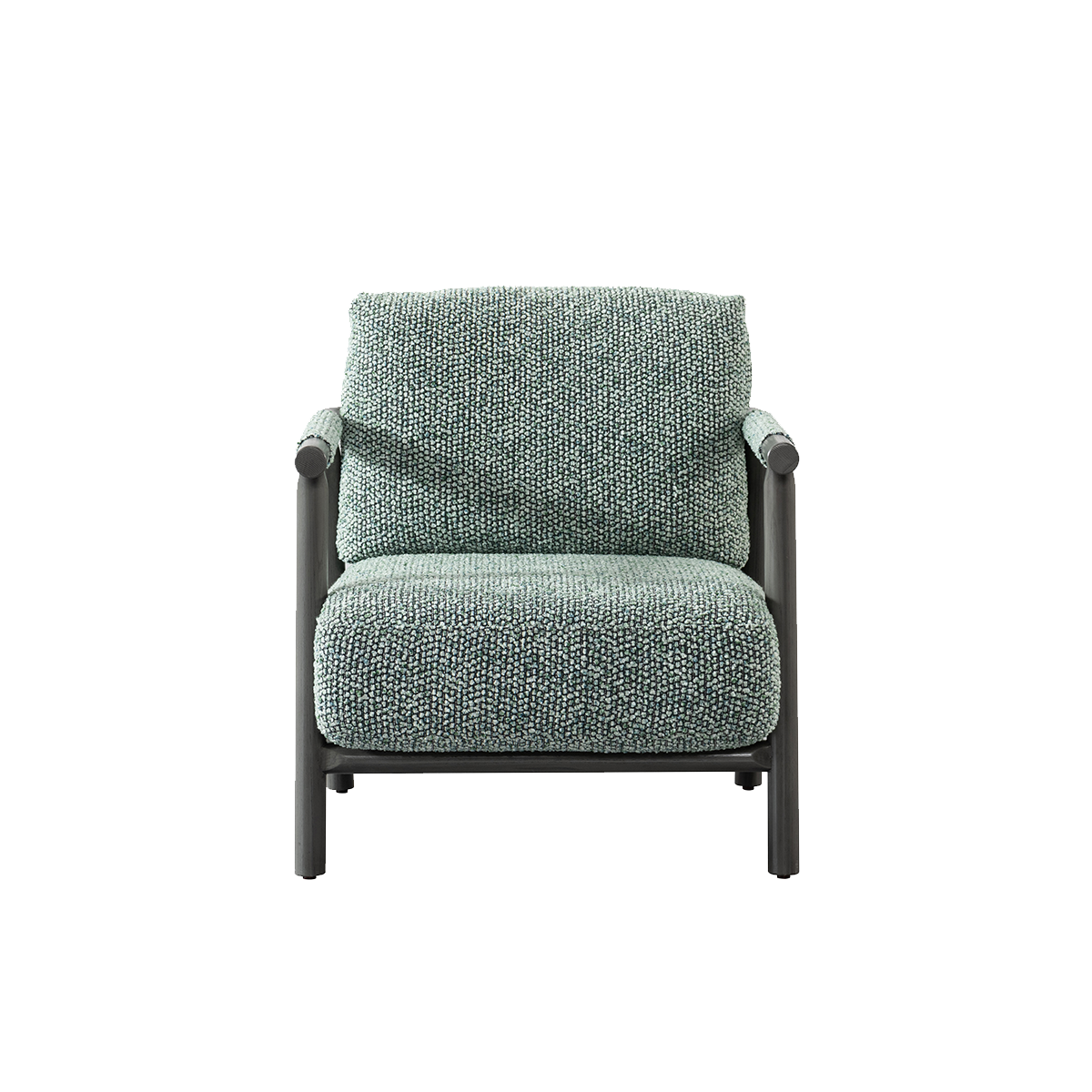 Front view of the green bouclé lounge chair