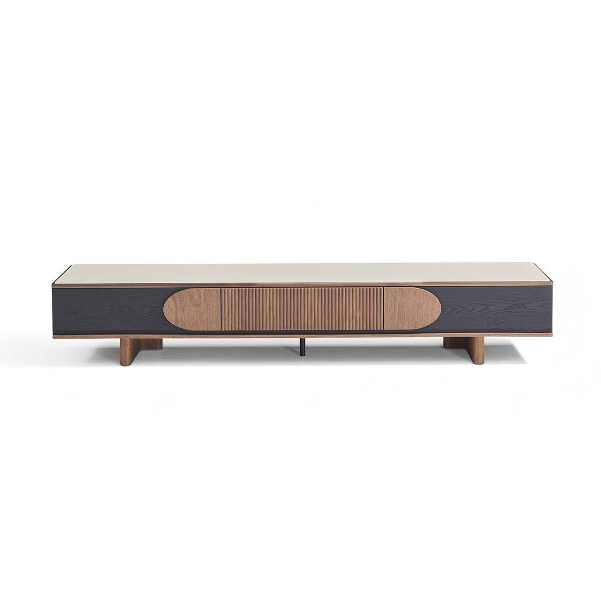 Front view of the TV console showing storage compartments
