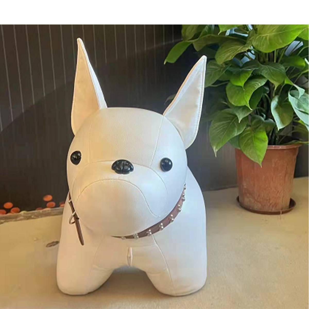 Close-up of white puppy stool next to a potted plant