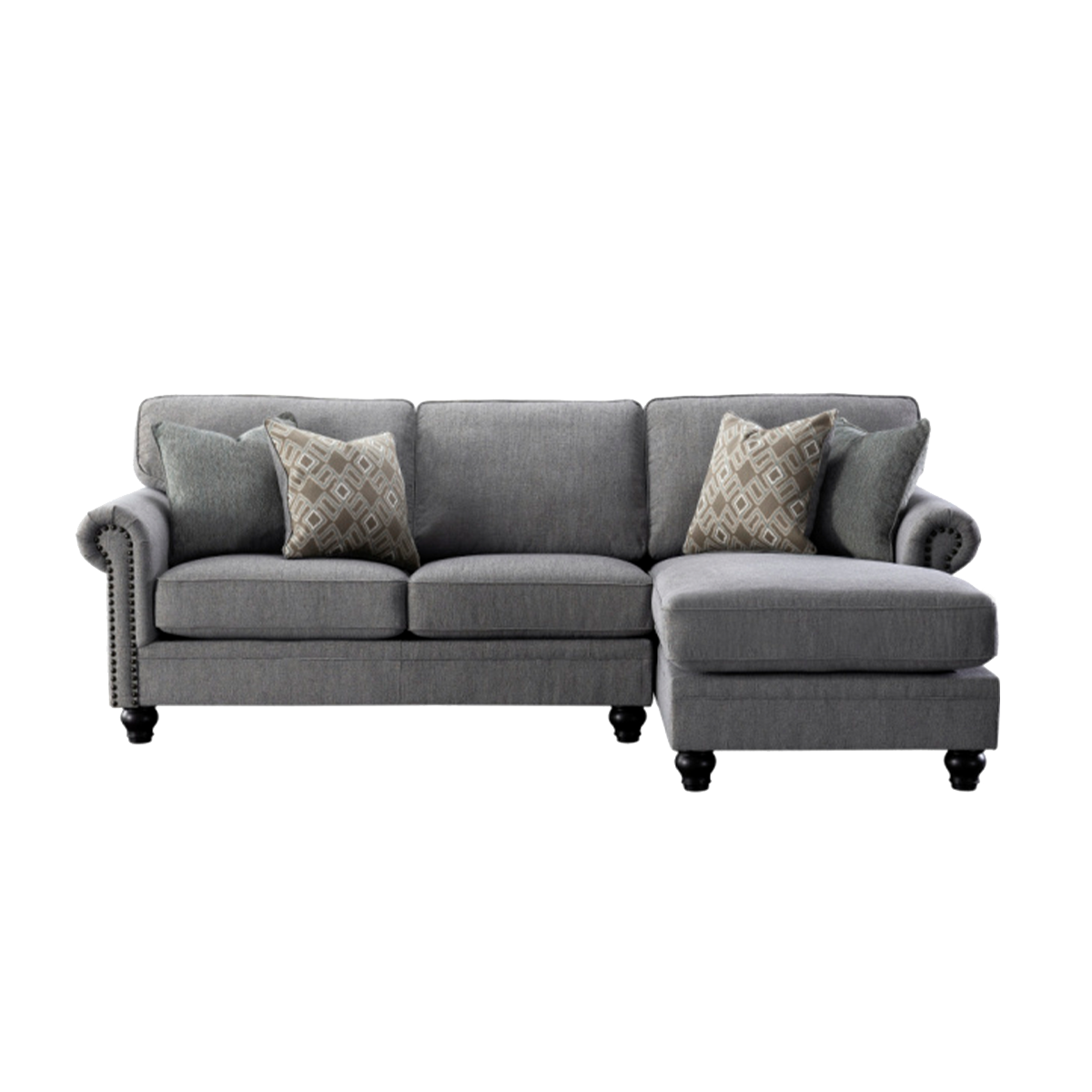 Front view of grey chenille corner sofa with chaise
