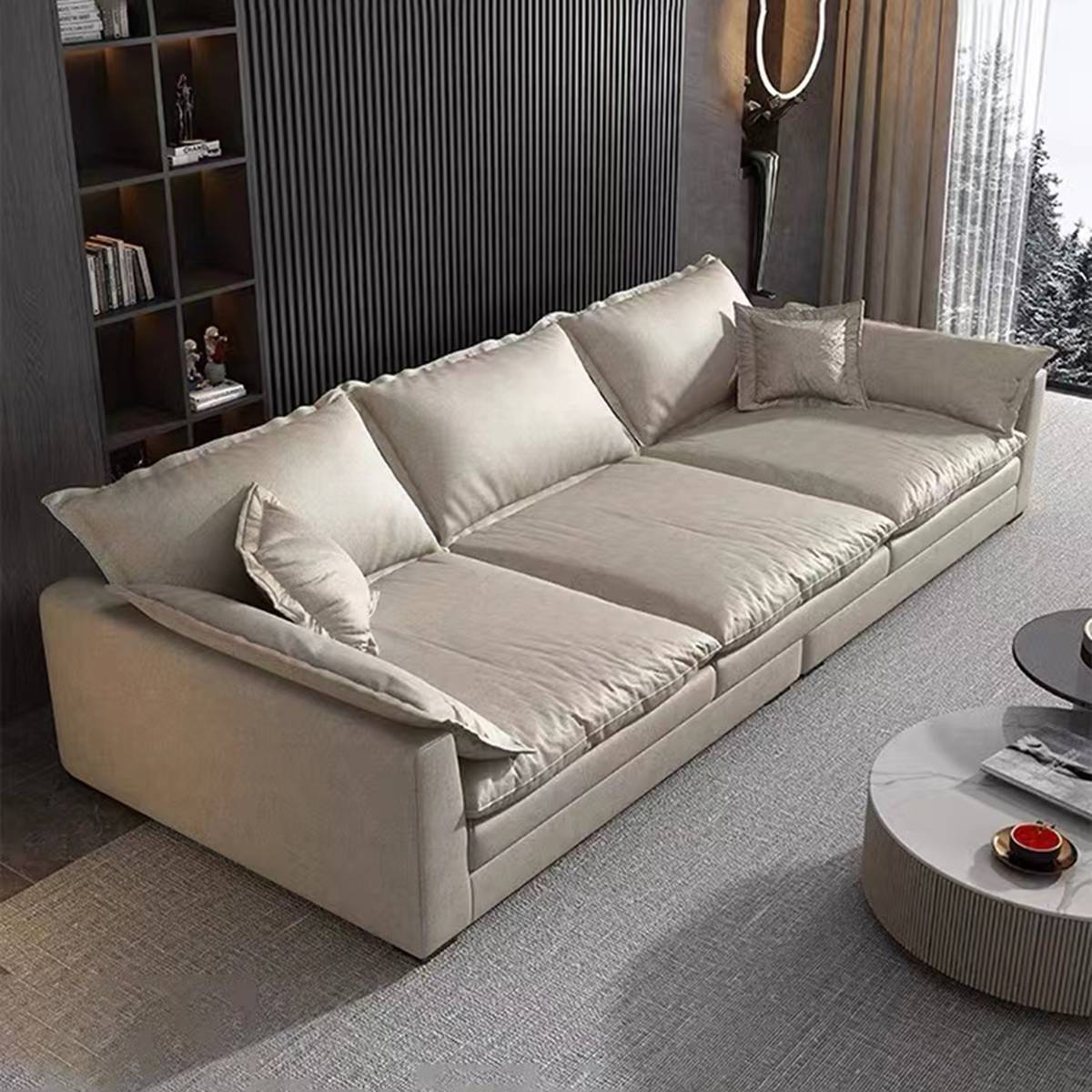 Beige 3-seater fabric sofa in a modern living room setting