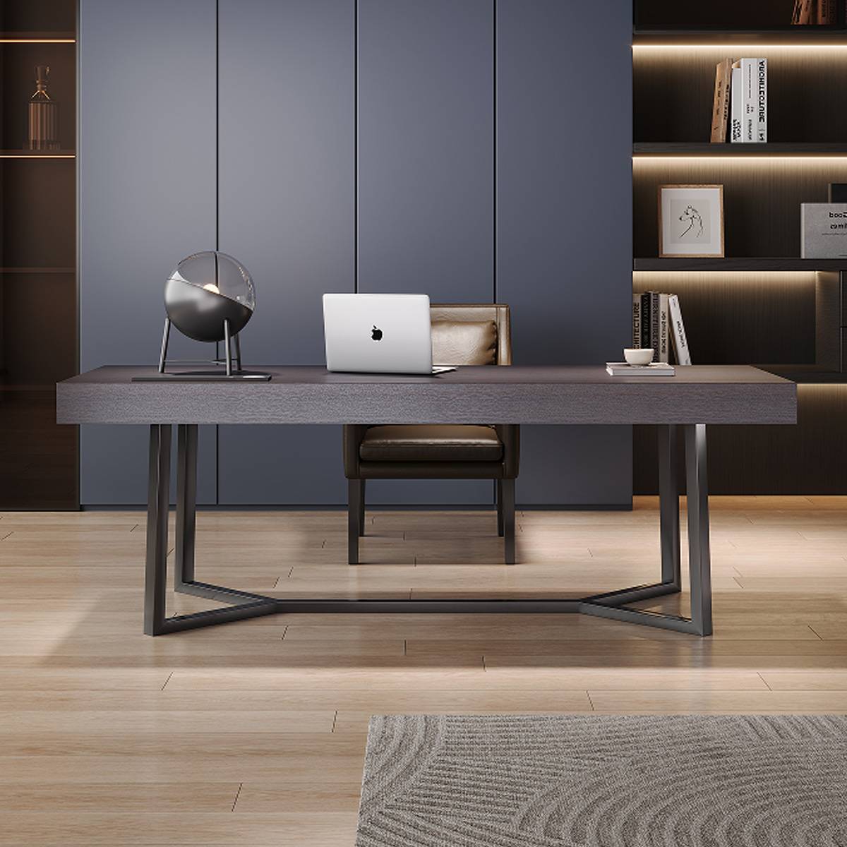 Front view of the desk showing the steel frame and chair