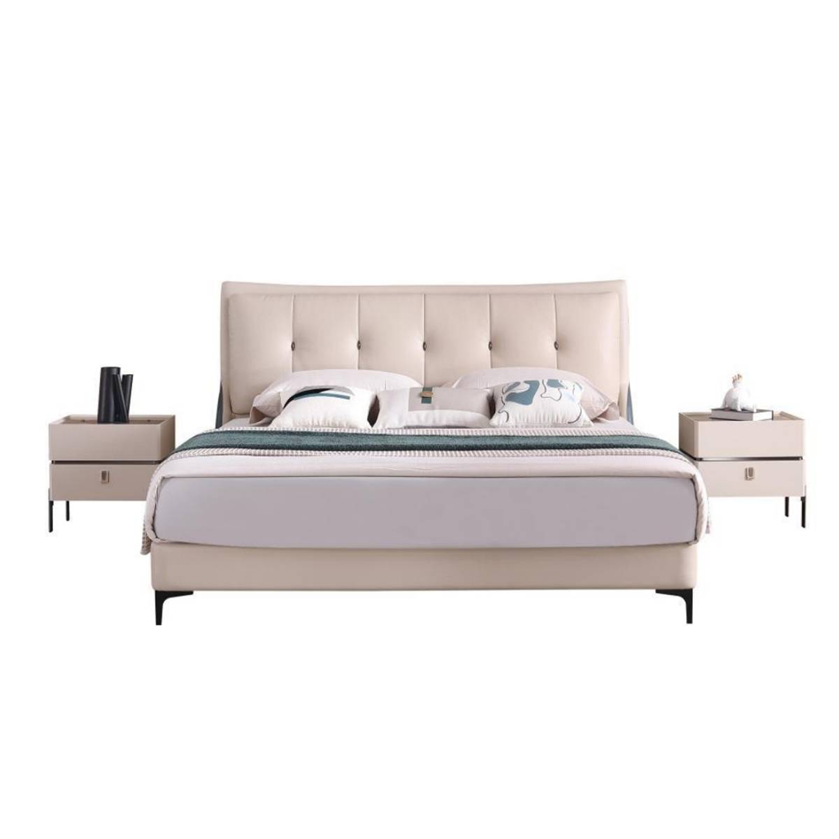 Front view of a beige tufted leather bed with matching bedside tables