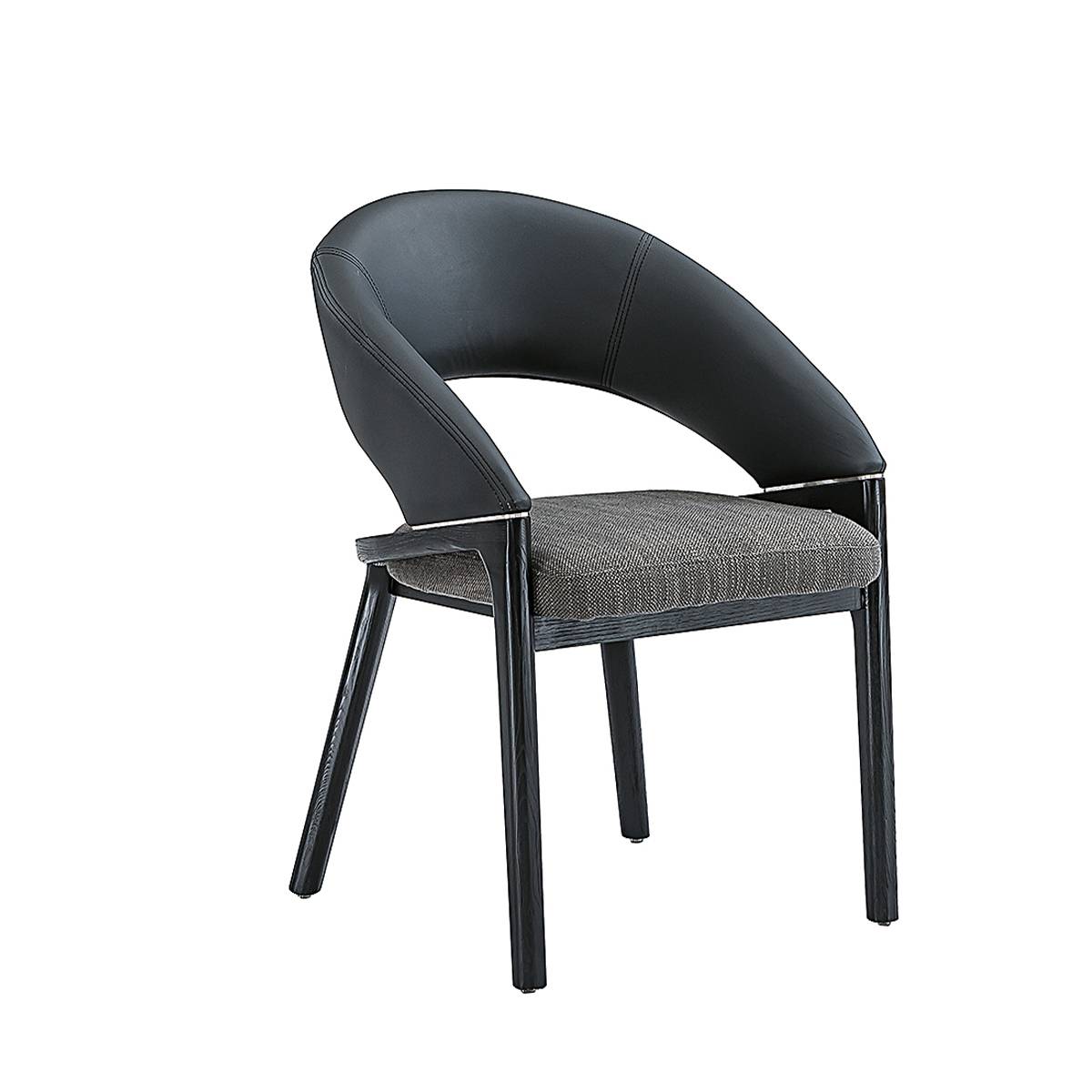Dark grey modern dining chair with curved backrest and black wooden legs
