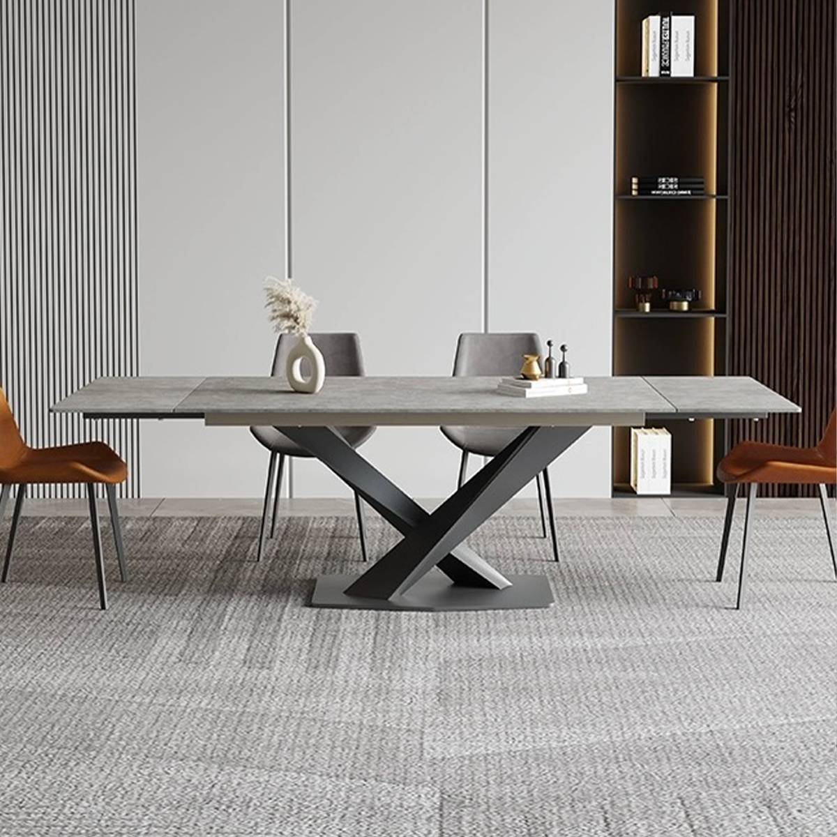 Front view of the dining table in a modern interior setting.