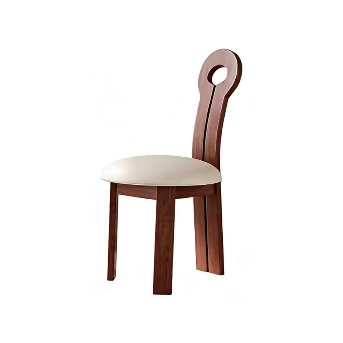 Side view of a mid-century modern dining chair with a walnut wood frame and cream-colored seat