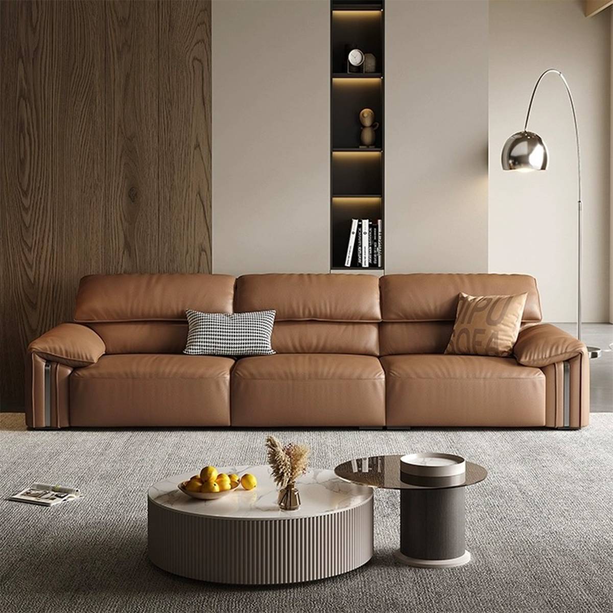 Brown straight row sofa in a modern living room setting