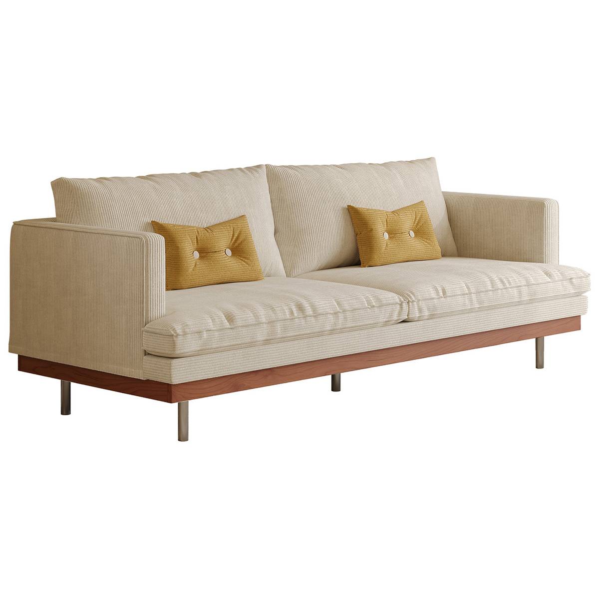 Cream white corduroy sofa with yellow pillows on white background