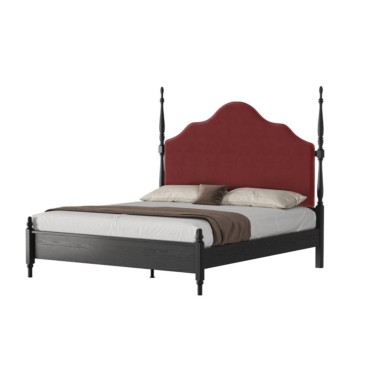 Front view of the mid-century bed with white bedding and brown throw