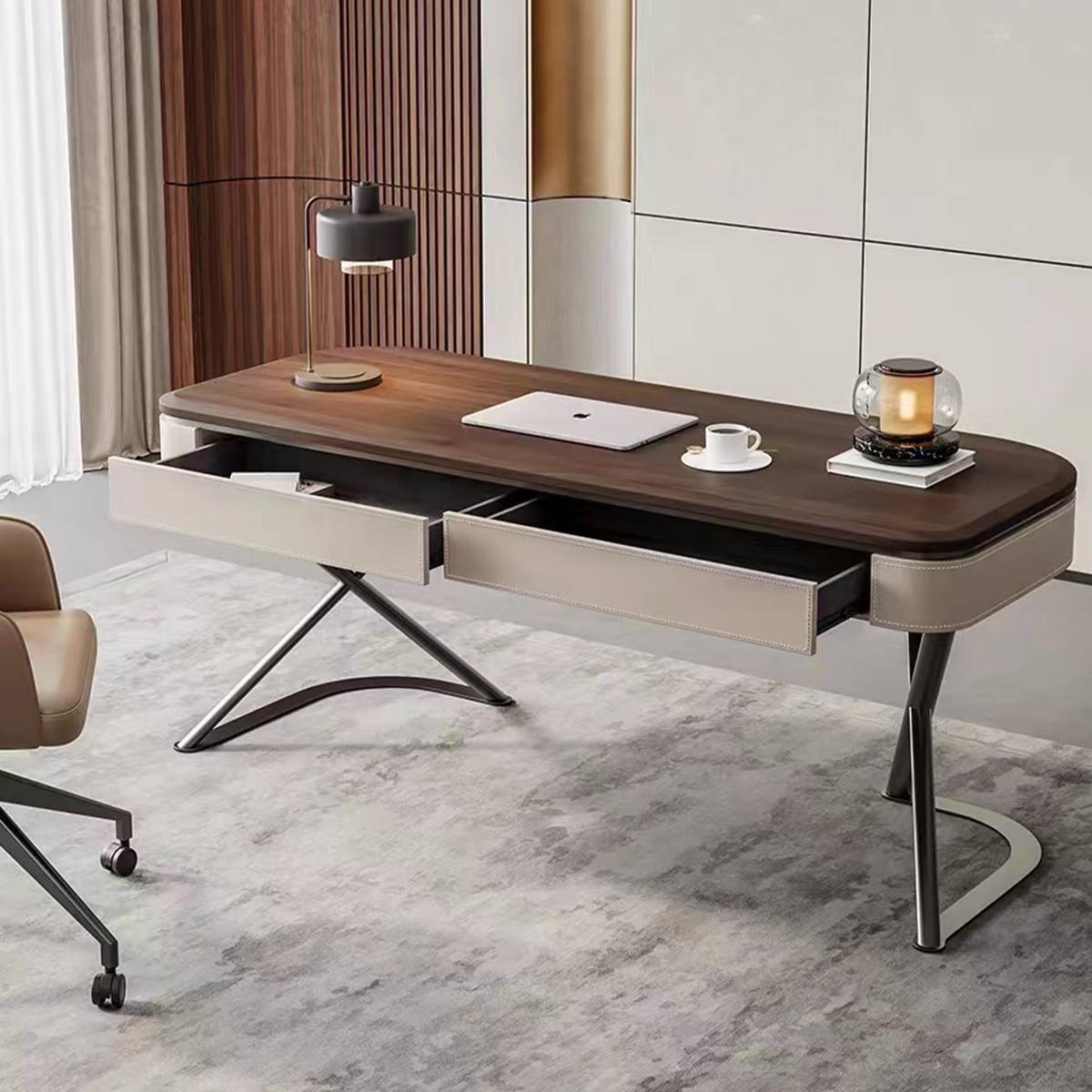 Close-up view of the desk with drawers open, revealing storage space.
