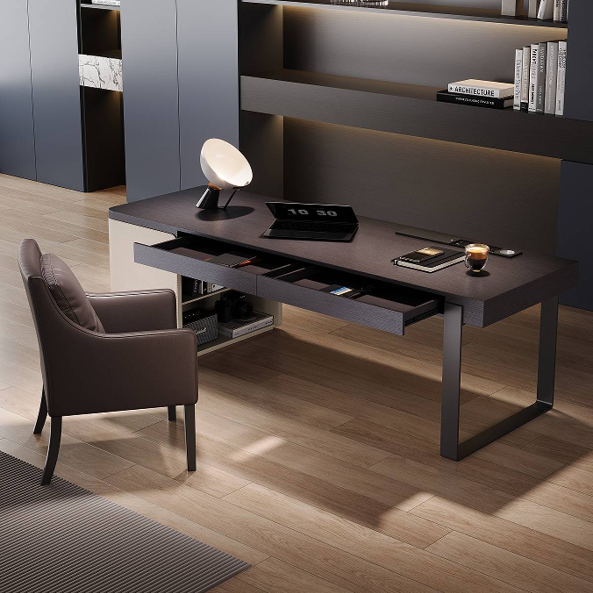 Desk with open drawers revealing storage compartments and integrated power strip