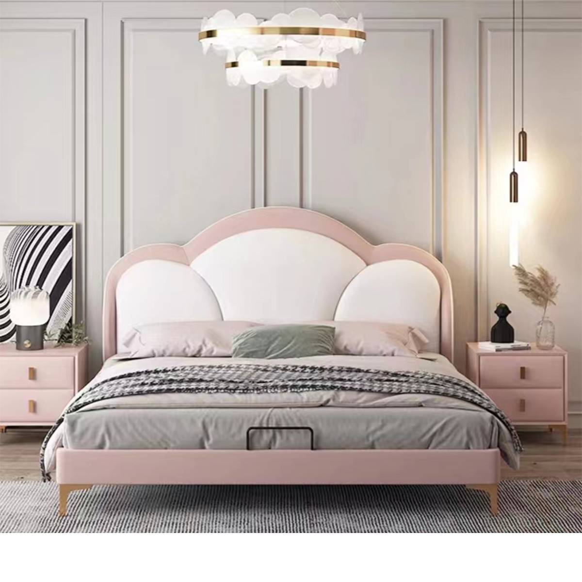 Pink and white cloud-shaped upholstered bed in a modern bedroom setting