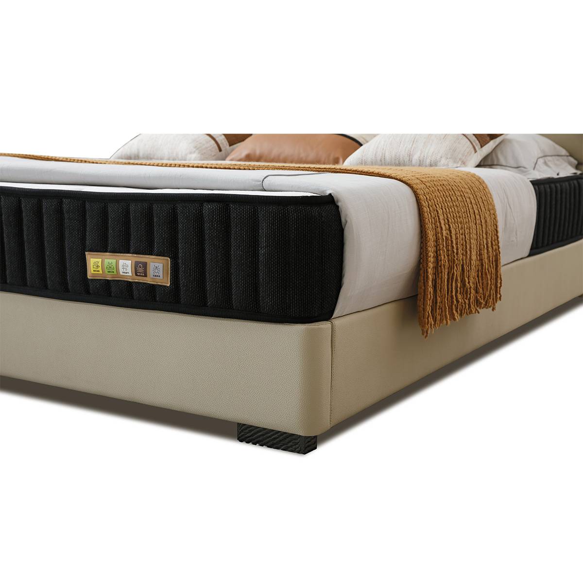 Front view of the B04 leather bed with matching bedside tables