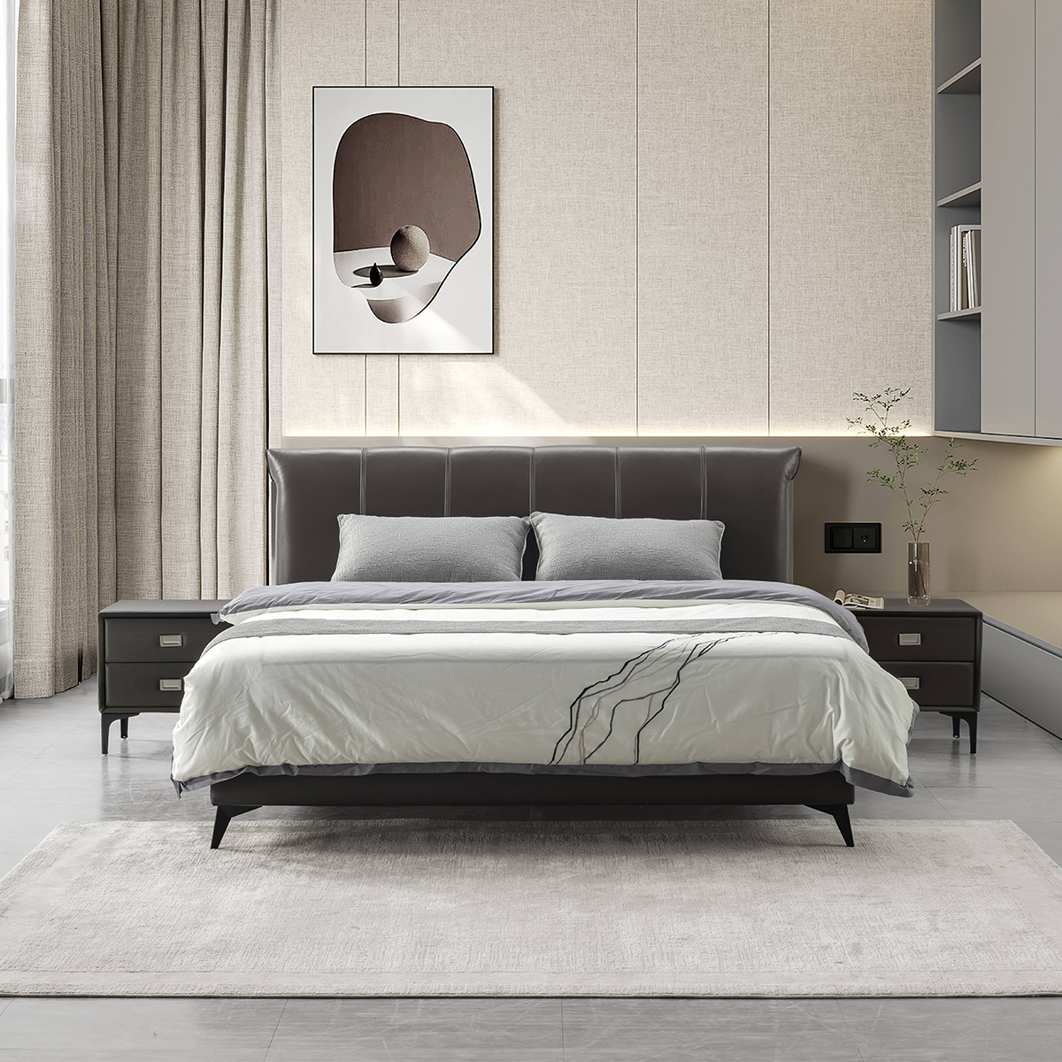 Lifestyle shot of the bed in a modern bedroom setting with bedside tables and artwork