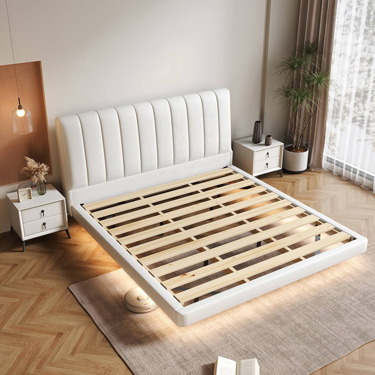 Detail view of the bed frame showing the wooden slat base and internal structure