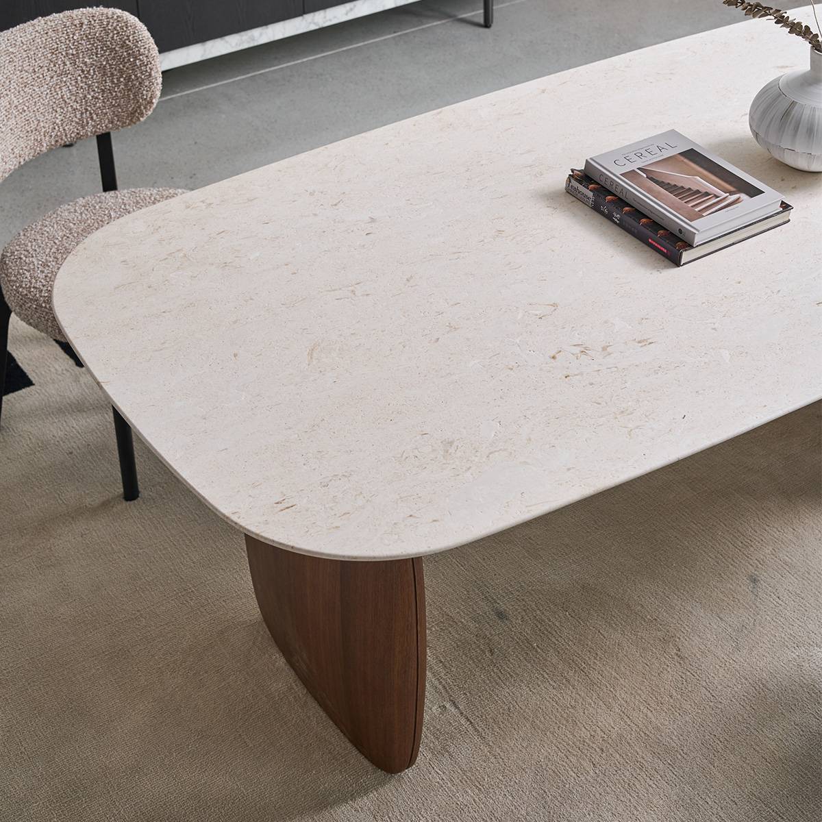 Close-up detail of the natural stone texture on the table surface