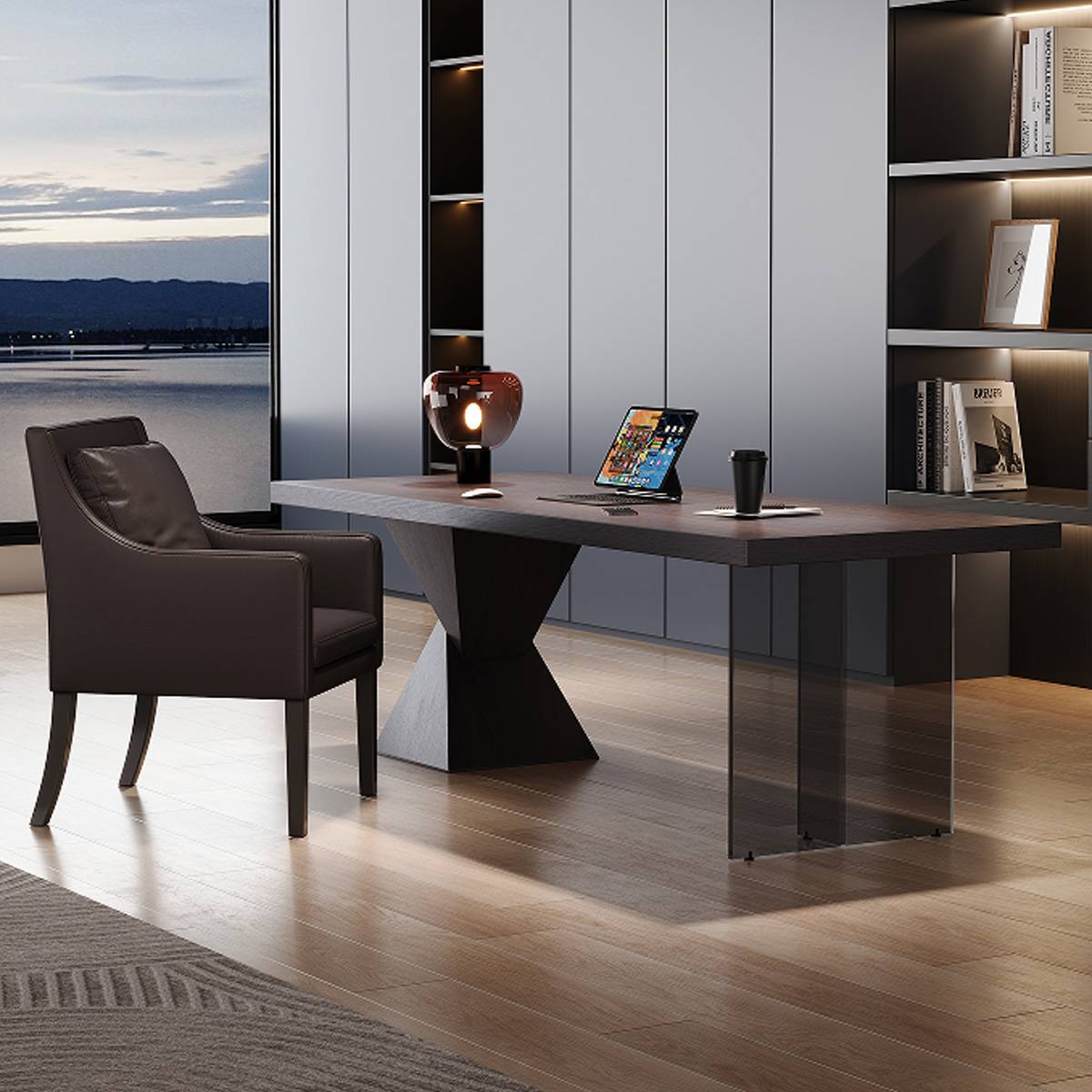 Desk setup with laptop and lamp in a home office environment