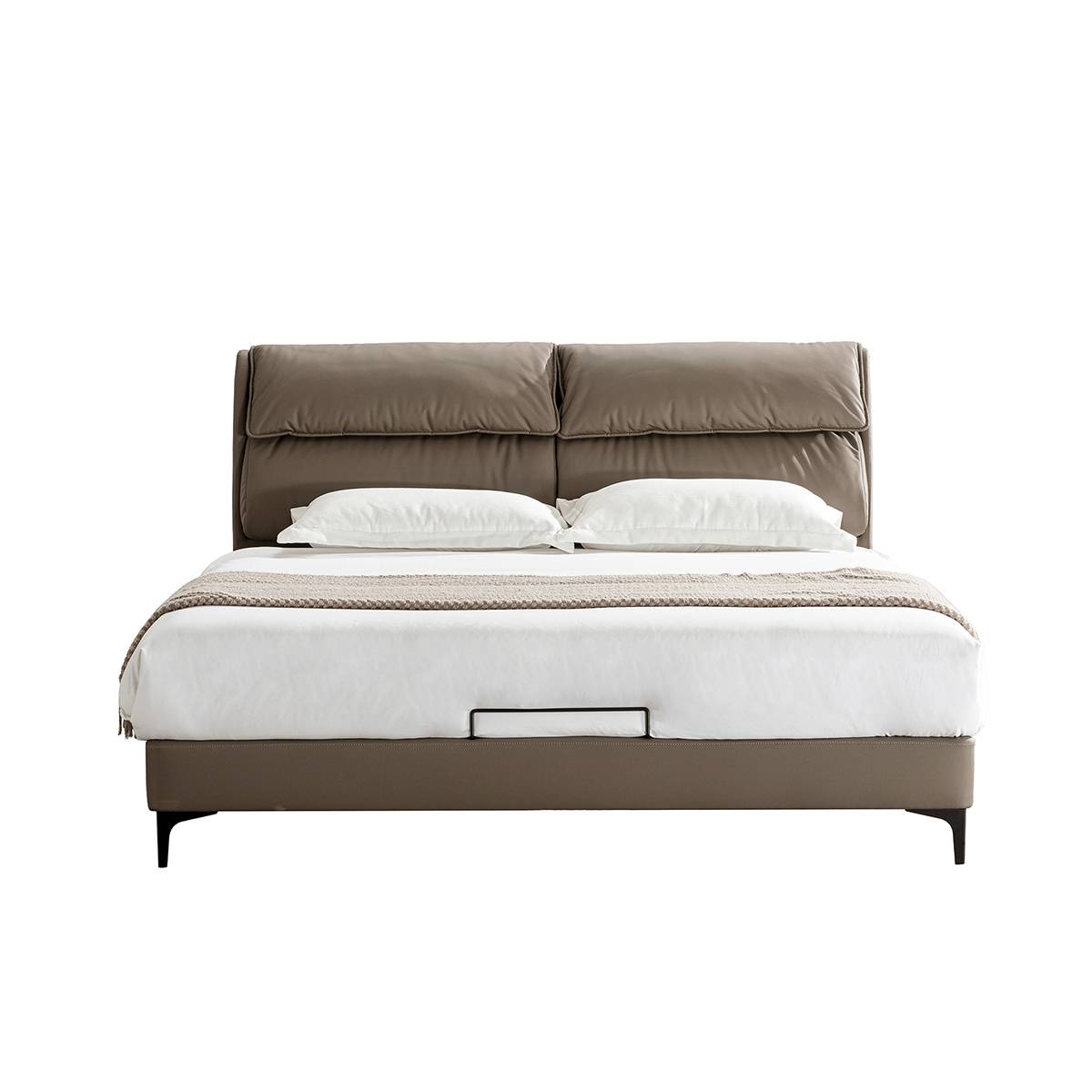 Front view of the brown leather upholstered bed with white bedding and a throw blanket.