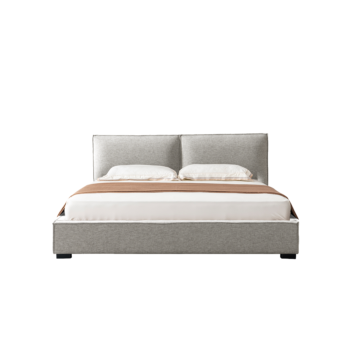 Front view of a grey leather bed with white bedding and a brown runner