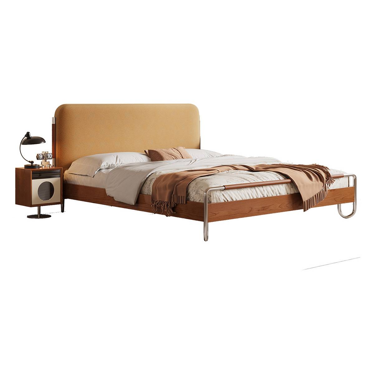 Side view of the lemon yellow bed showing the headboard and wooden frame details