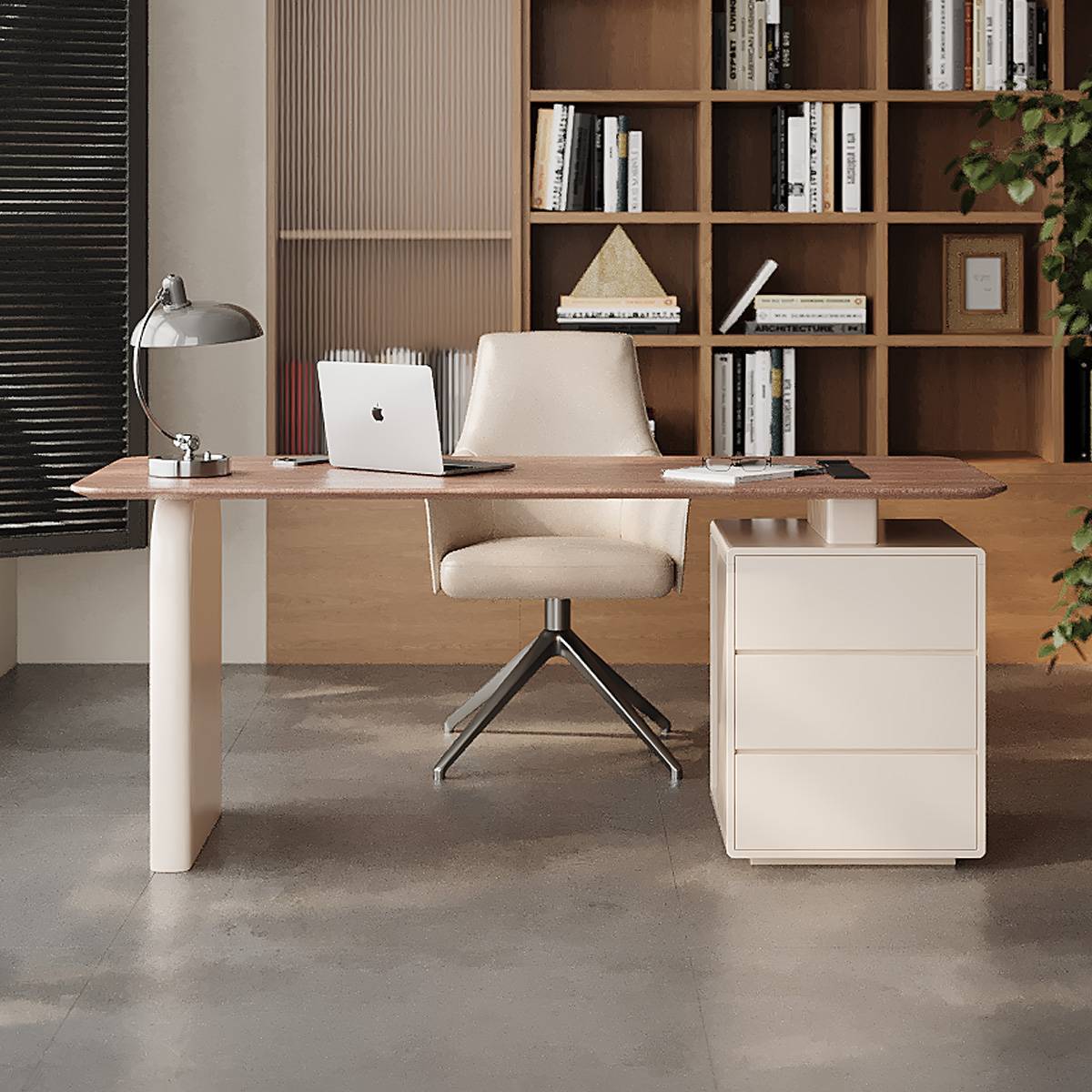 Front view of the desk setup with a laptop and office chair, highlighting the clean lines and storage pedestal.