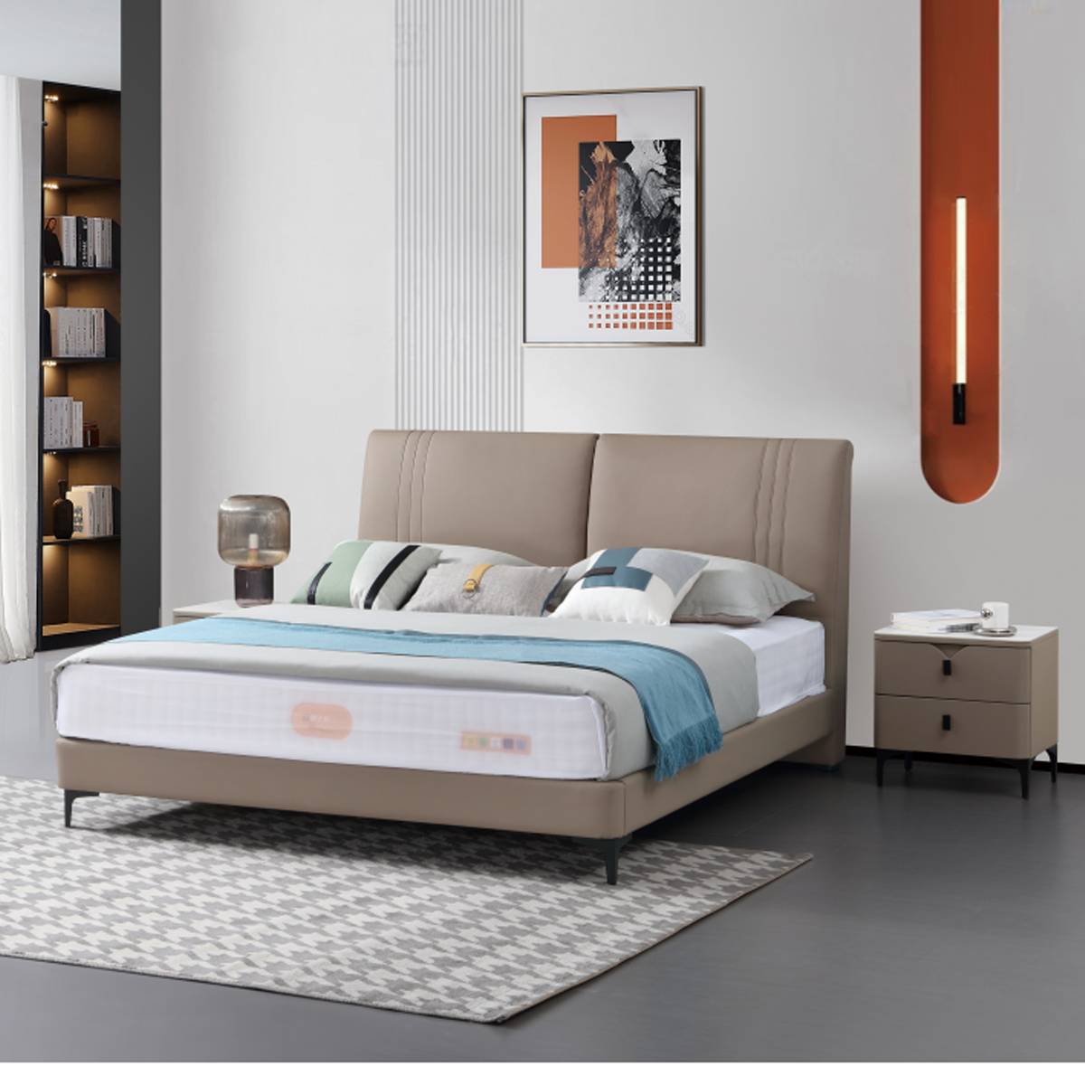 Full view of the bed in a modern bedroom setting with nightstands and decor